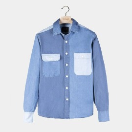 [드레익스] Drake's_Patchwork Denim Cotton Two-Pocket Work Shirt
